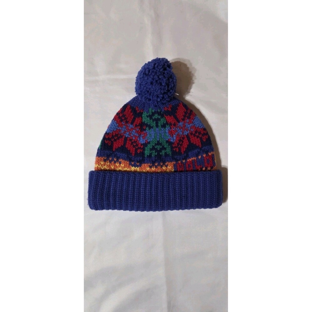 Polo Ralph Lauren Blue Multicolor Fair Isle Wool Blend Pom Pom Beanie One Size